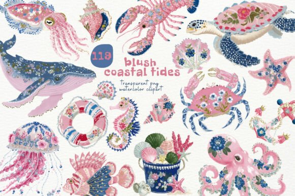 Blush Coastal Tides PNG Clipart: Elevating Digital Design with Soft Watercolor Marine Aesthetics