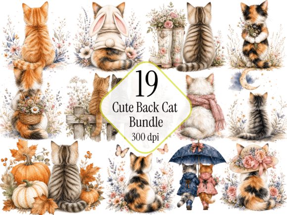 Cute Back View Cat PNG Bundle Watercolor