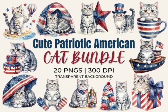 Patriotic American Cat Clipart Bundle