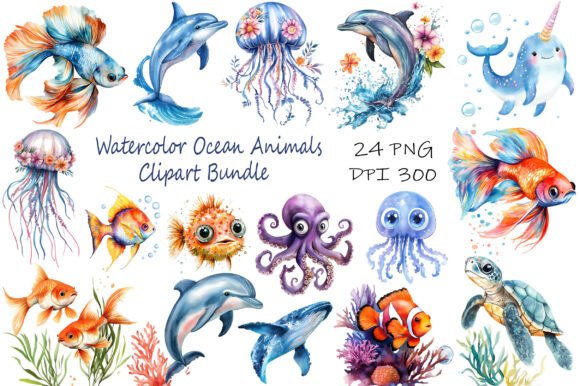 Strategic Design Assets: Leveraging the Watercolor Ocean Animals Clipart Bundle for Brand Growth