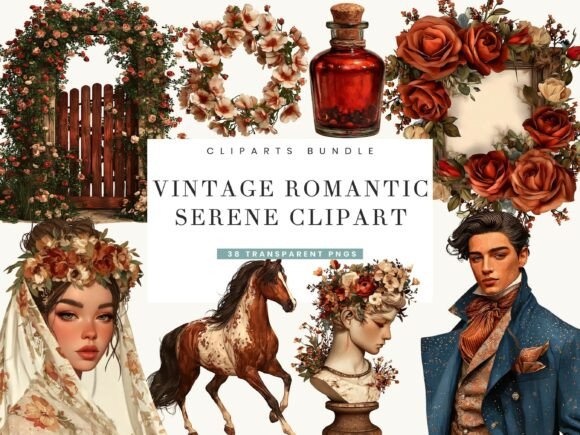 Vintage Romantic Serene Clipart Bundle