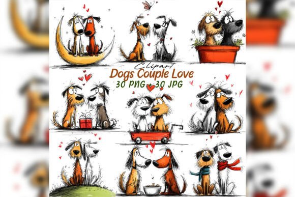 Whimsical Dog Couple Love Clipart Set