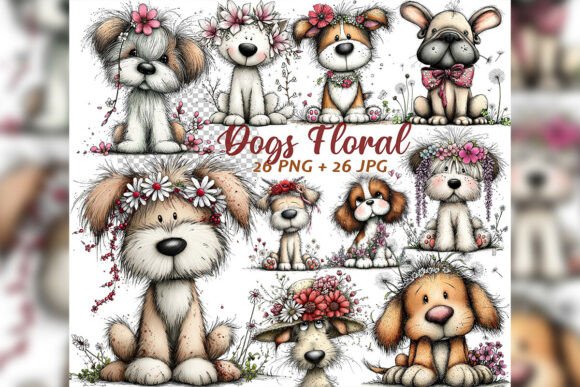 Whimsical Floral Dogs Spring Clipart Set: Elevate Your Creative Projects with Charming Watercolor Art