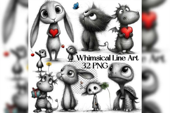 Whimsical Valentine Line Art Clipart for Modern Romantic Designs